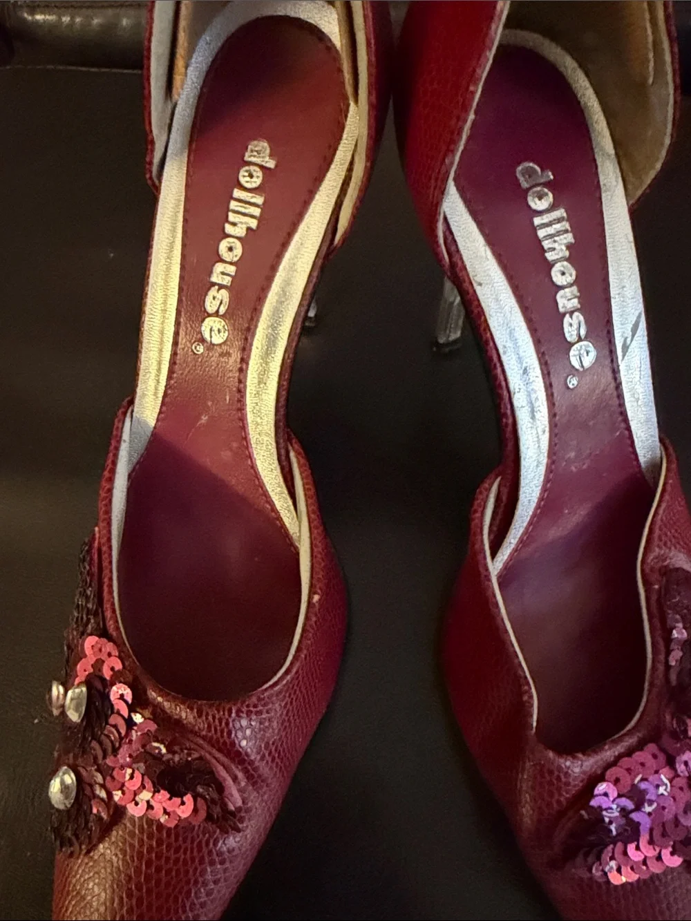Dollhouse Burgundy Pointed Toe Sequin Embellished Heels